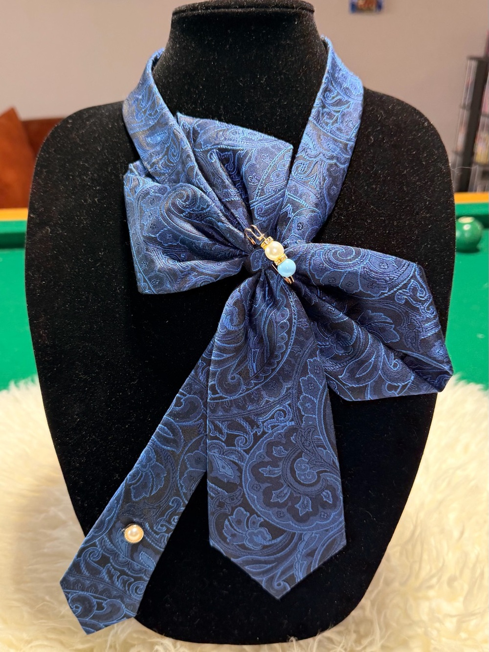 Navy Paisley Neck Scarf Necklace with Pearl Accent